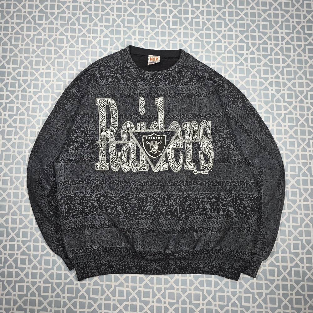VTG 90's NFL Las Vegas Raiders AOP Players Grey Crewneck Sweatshirt Men XL